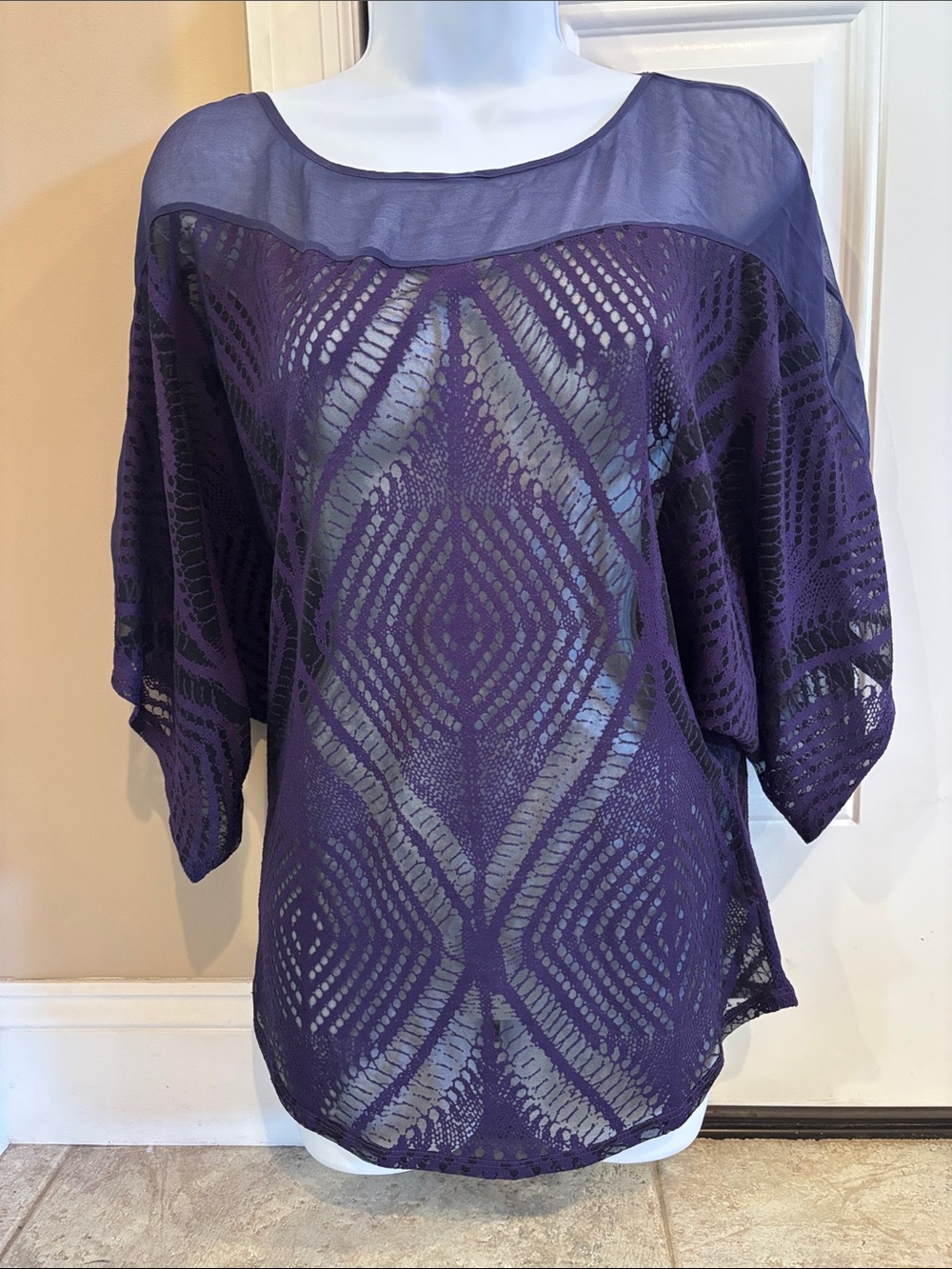 Language Sheer Purple Crochet Tunic Top